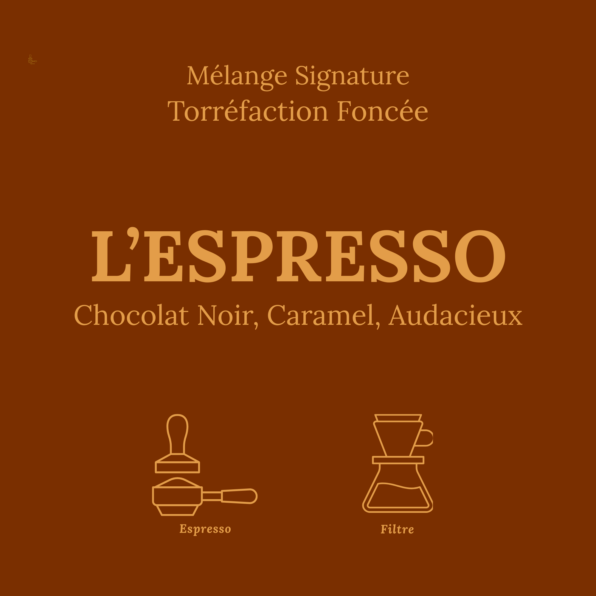 Carte produit marron L'Espresso de Le Petit Roast, mélange torréfaction foncée pour espresso et filtre avec notes chocolat noir et caramel