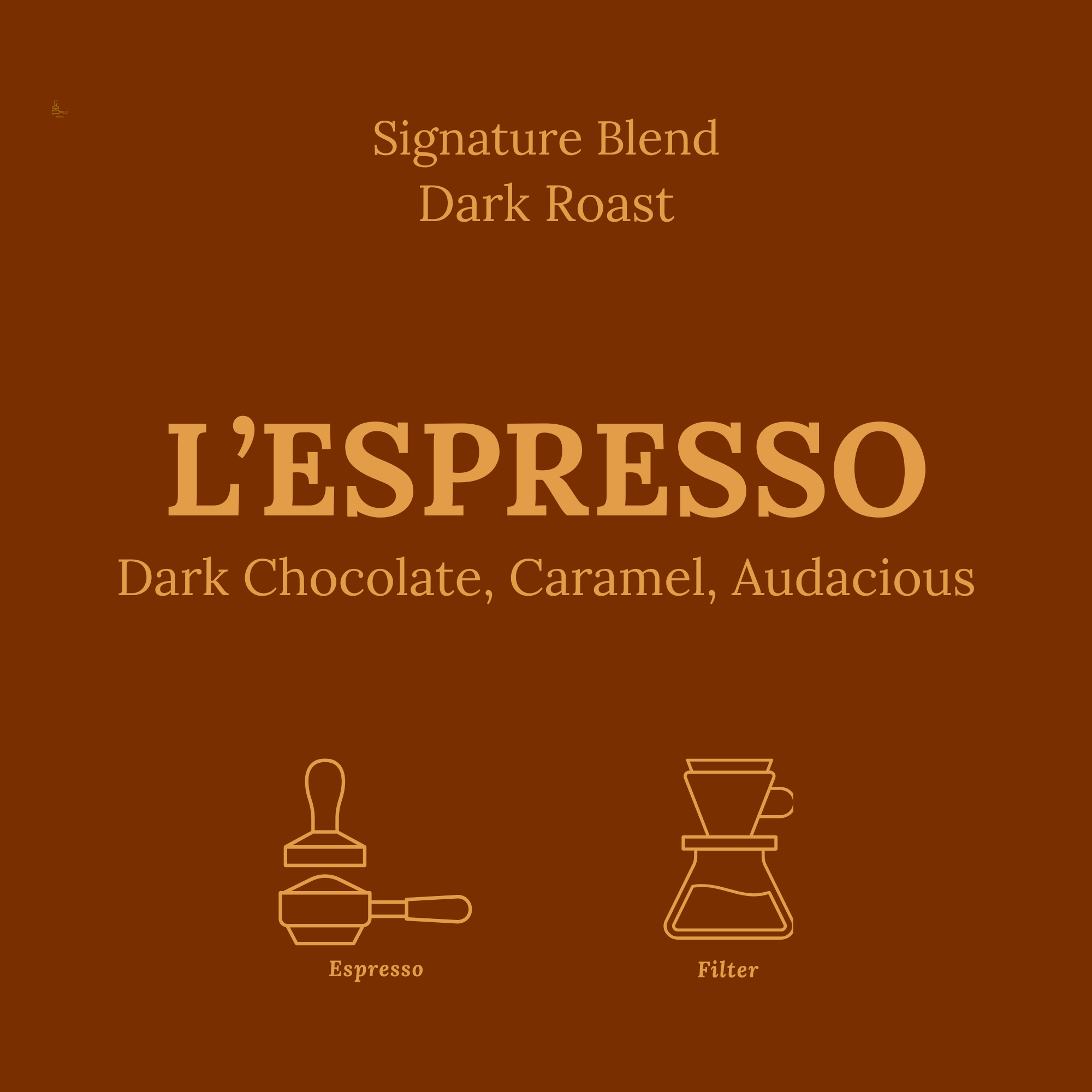 Brown product card L'Espresso by Le Petit Roast, signature dark roast blend for espresso and filter with dark chocolate and caramel notes