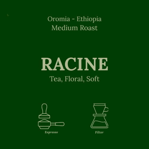 Green product card Racine by Le Petit Roast, Ethiopian medium roast for espresso and filter with tea and floral notes