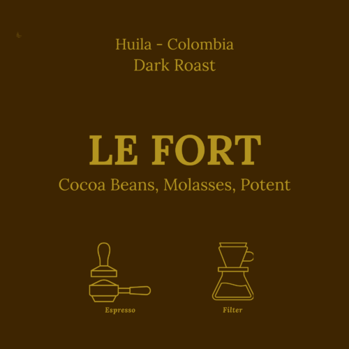Dark brown product card Le Fort by Le Petit Roast, Colombian dark roast for espresso and filter with cocoa beans and molasses notes