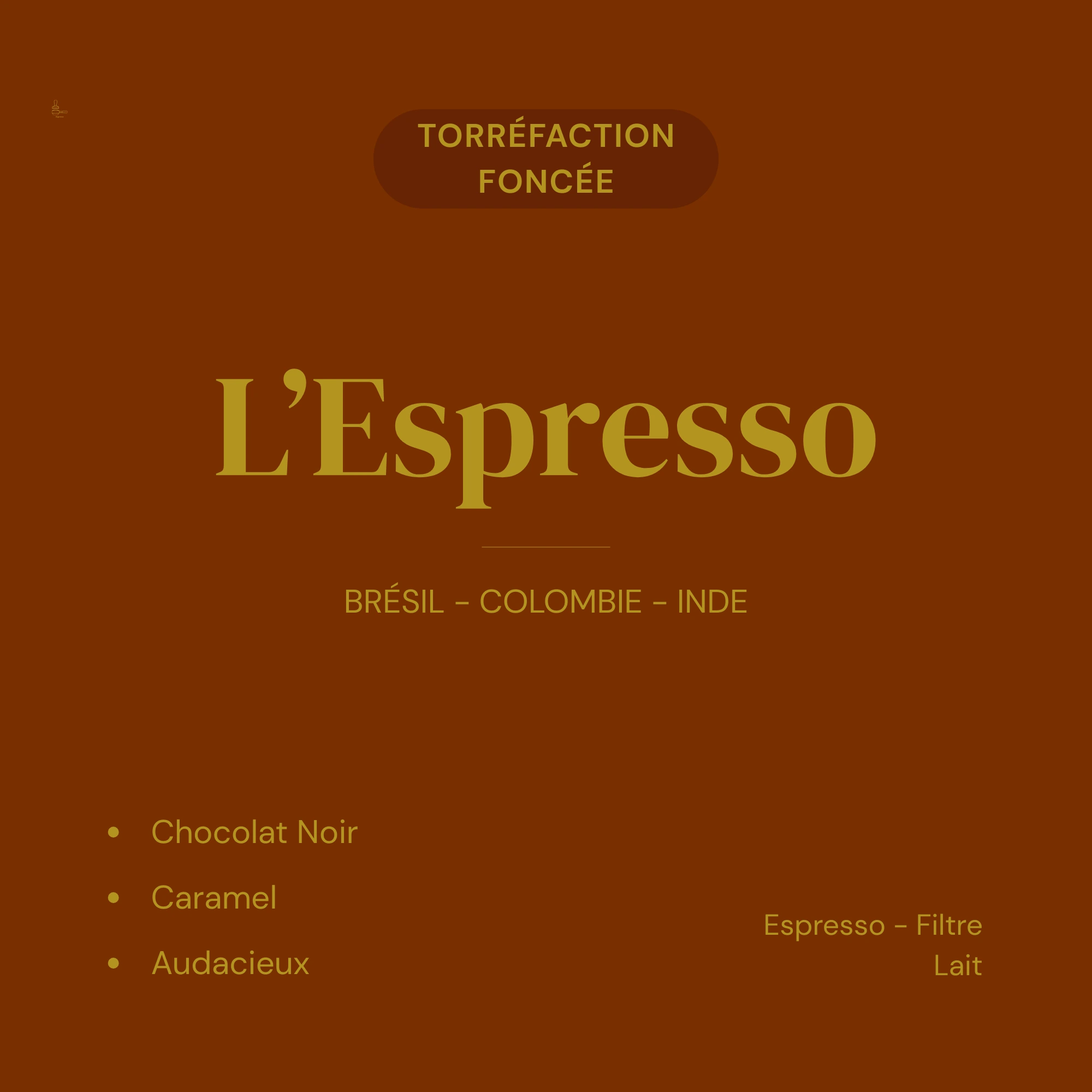 Carte produit L'Espresso mélange torréfaction foncée — chocolat noir, caramel, audacieux. Espresso, filtre et lait.