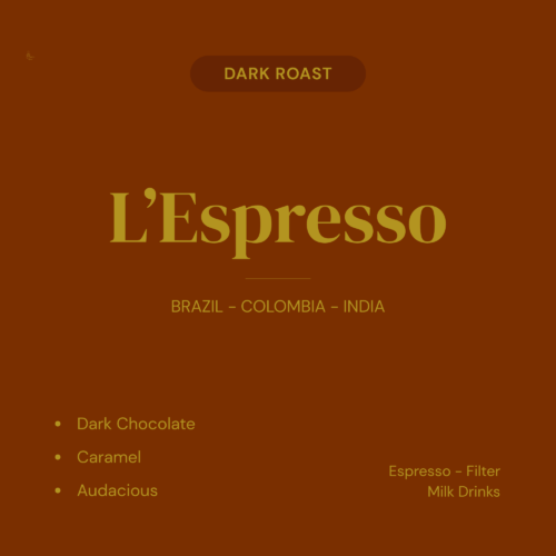 L'Espresso dark roast blend product card — dark chocolate, caramel, audacious. Espresso, filter, and milk drinks.