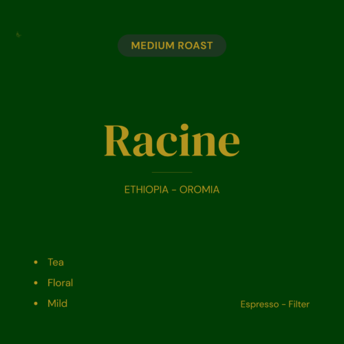 Racine medium roast coffee product card — tea, floral, mild. Ethiopian coffee from Oromia. Espresso and filter.