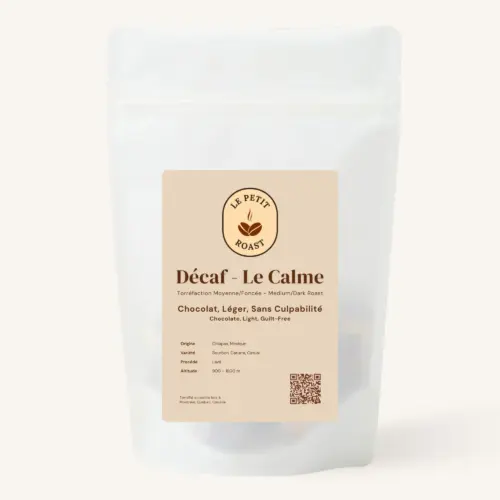 Décaf Le Calme coffee bag by Le Petit Roast – Mexican decaf medium-dark roast with chocolate notes on warm sand label