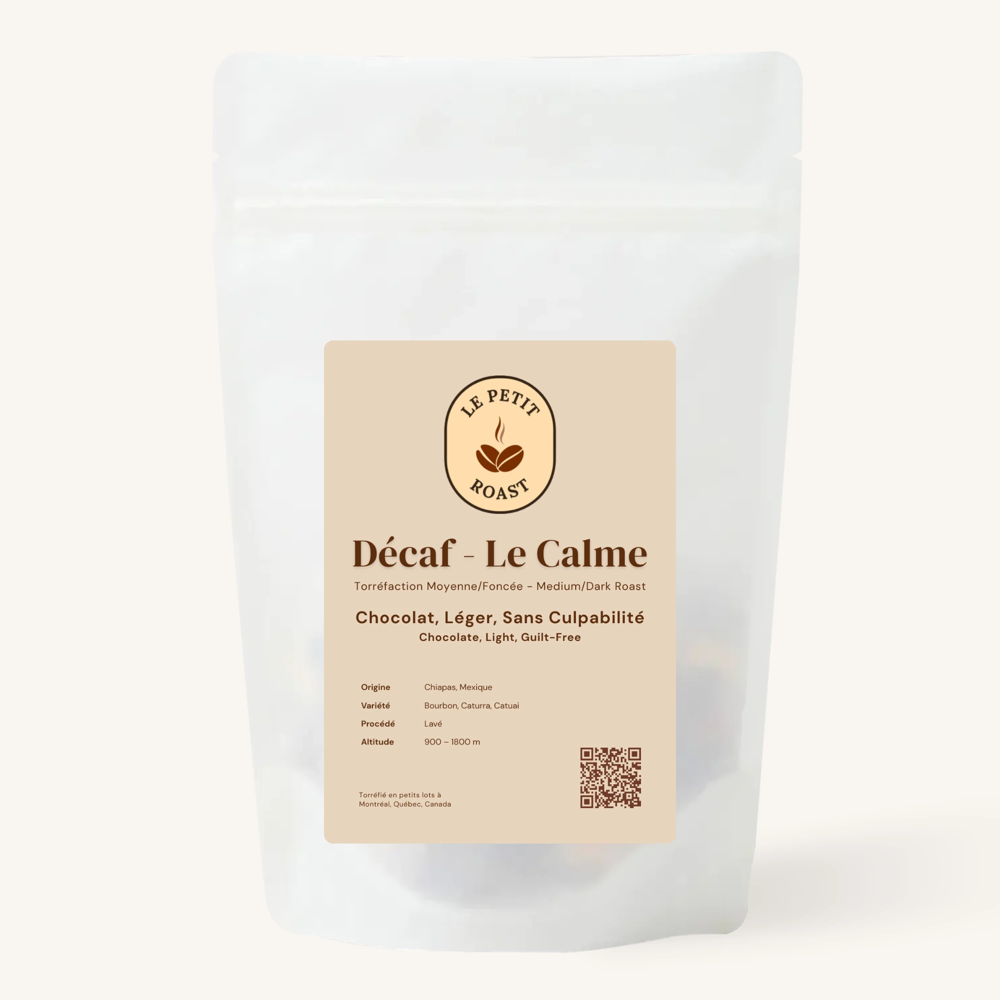 Décaf Le Calme coffee bag by Le Petit Roast – Mexican decaf medium-dark roast with chocolate notes on warm sand label