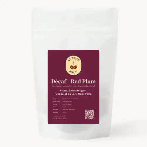 Décaf Red Plum coffee bag by Le Petit Roast – Colombian decaf light-medium roast with plum and berry notes on burgundy label