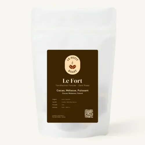 Le Fort coffee bag by Le Petit Roast – Colombian dark roast with cocoa and molasses notes on dark chocolate brown label