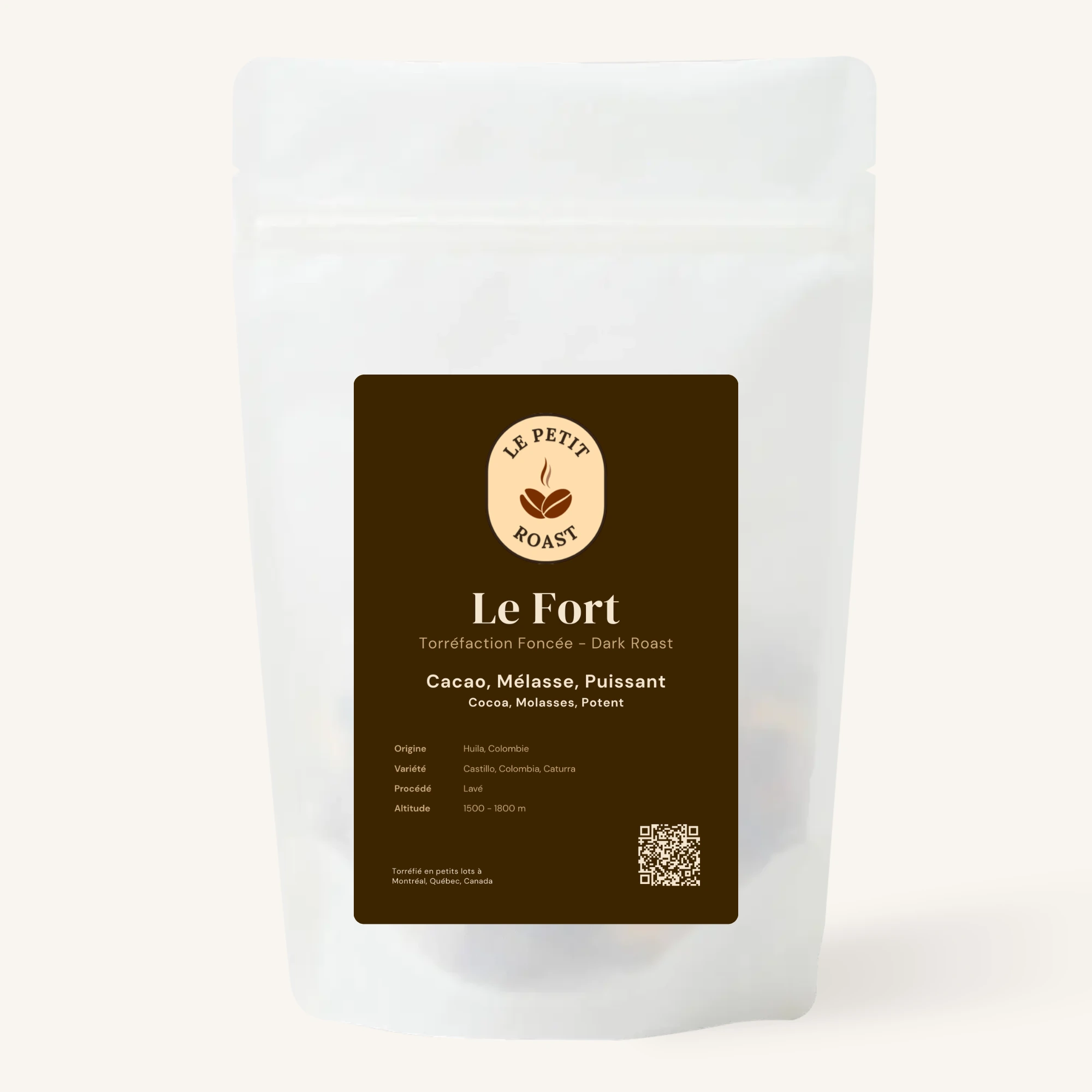 Le Fort coffee bag by Le Petit Roast – Colombian dark roast with cocoa and molasses notes on dark chocolate brown label