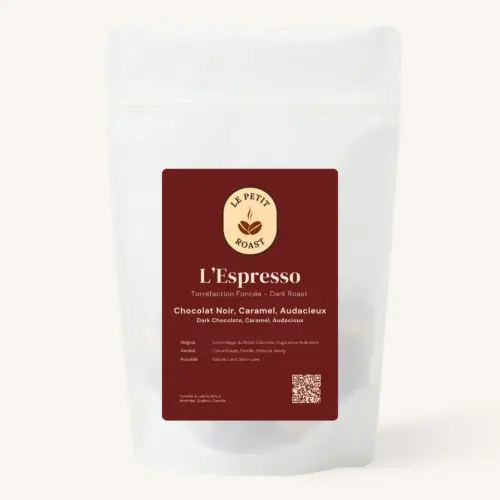 L'Espresso coffee bag by Le Petit Roast – dark roast espresso blend with dark chocolate and caramel notes on dark brick red label