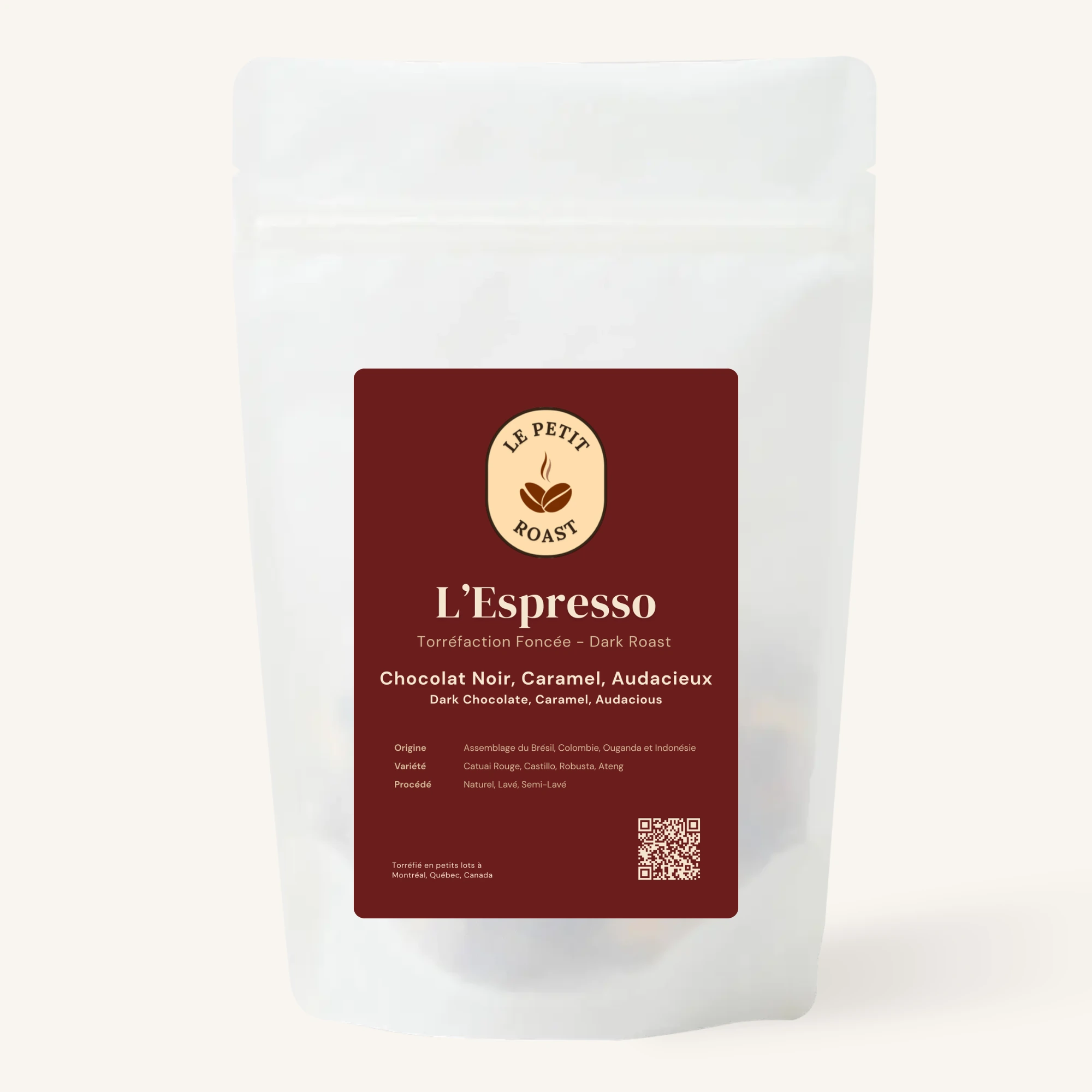 L'Espresso coffee bag by Le Petit Roast – dark roast espresso blend with dark chocolate and caramel notes on dark brick red label