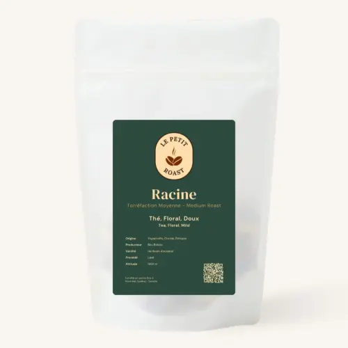 Racine coffee bag by Le Petit Roast – Ethiopian Yirgacheffe medium roast with tea and floral notes on dark green label