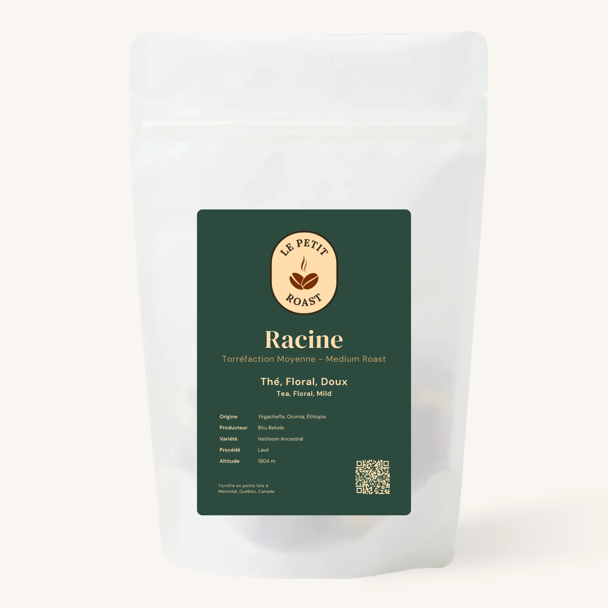 Racine coffee bag by Le Petit Roast – Ethiopian Yirgacheffe medium roast with tea and floral notes on dark green label
