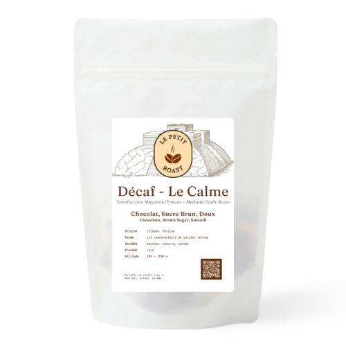 Décaf Le Calme coffee bag by Le Petit Roast – Mexican decaf medium-dark roast with chocolate notes on warm sand label