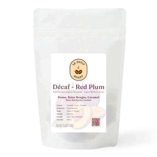 Décaf Red Plum coffee bag by Le Petit Roast – Colombian decaf light-medium roast with plum and berry notes on burgundy label