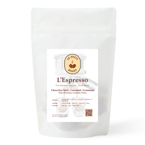 L'Espresso coffee bag by Le Petit Roast – dark roast espresso blend with dark chocolate and caramel notes on dark brick red label