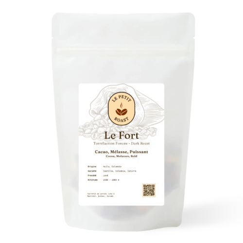 Le Fort coffee bag by Le Petit Roast – Colombian dark roast with cocoa and molasses notes on dark chocolate brown label