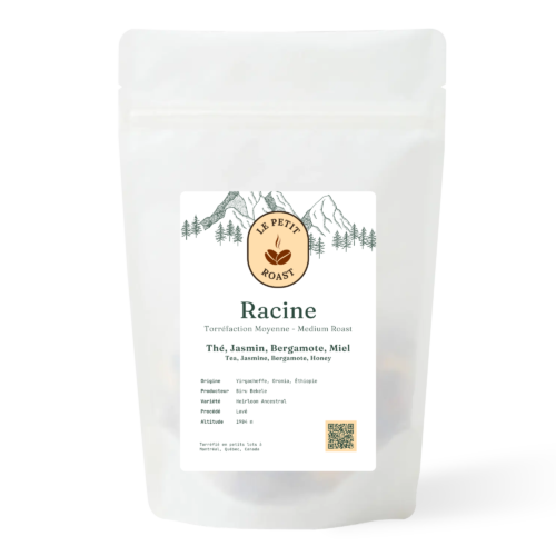 Racine coffee bag by Le Petit Roast – Ethiopian Yirgacheffe medium roast with tea and floral notes on dark green label